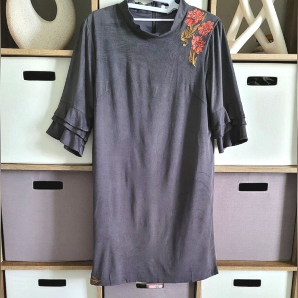 THML Gray Faux Suede Boho Dress with Floral Embroidery Medium